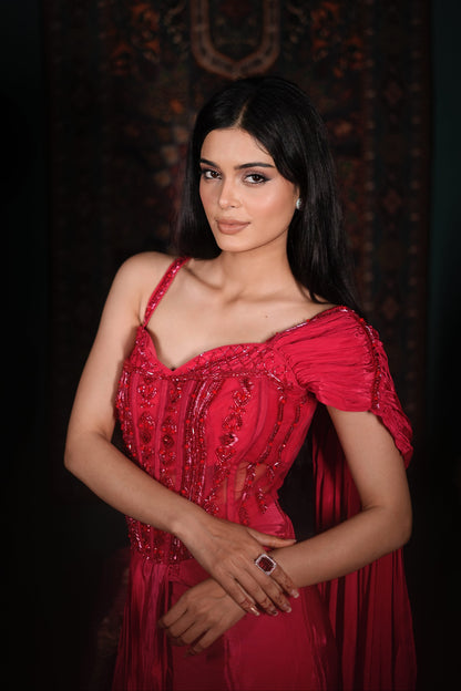 Hot Pink Indo-Western Dress | Hand-Embellished Corset Set | Luxury Fusion Wear | Cocktail Party Outfit | Trendy Wedding Guest Look