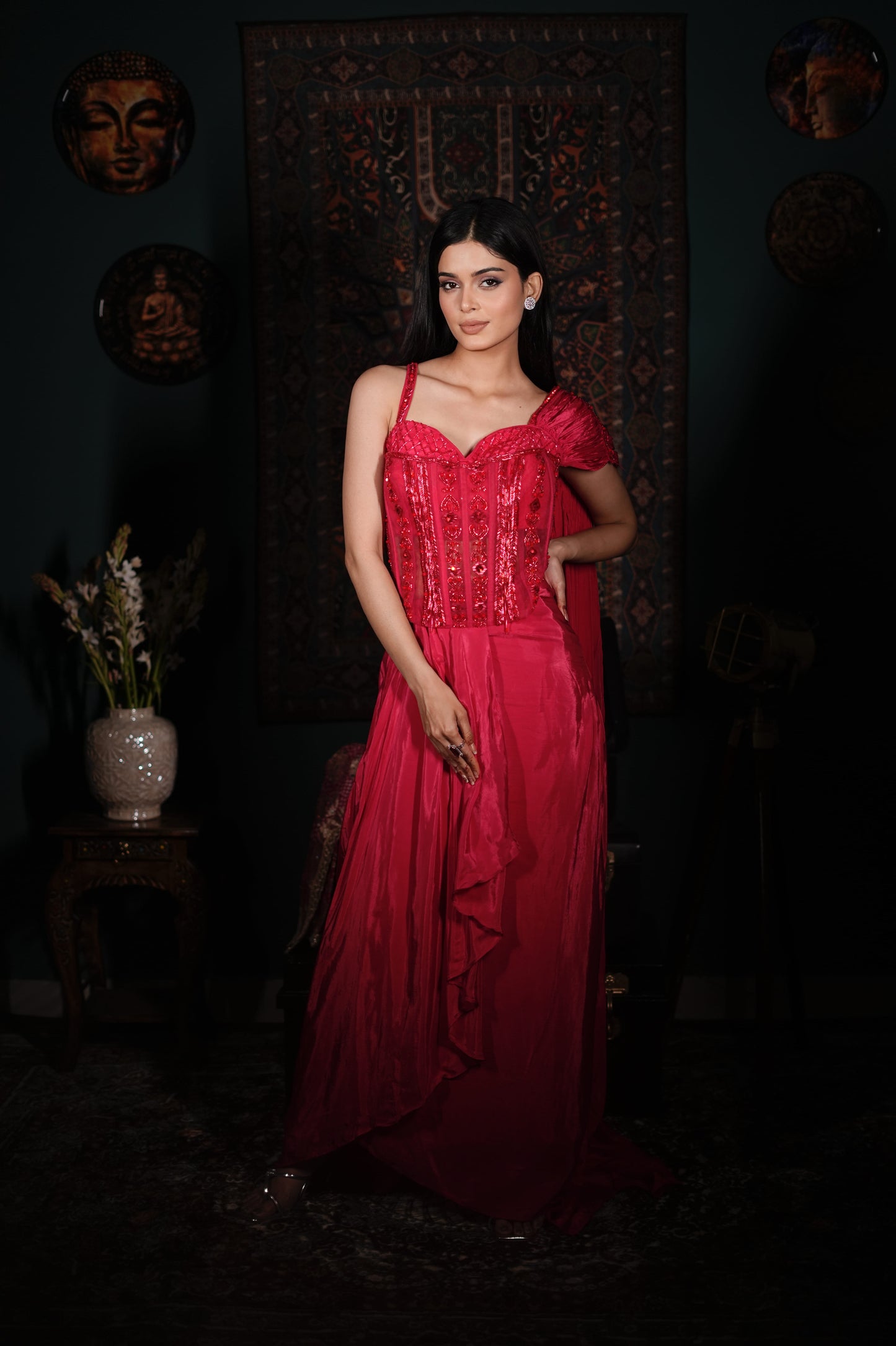 Hand-Embellished Indo-Western Dress | Hot Pink Wedding Function Outfit | Chic Ethnic Fusion Wear | Designer Skirt Set | Contemporary Glam Look