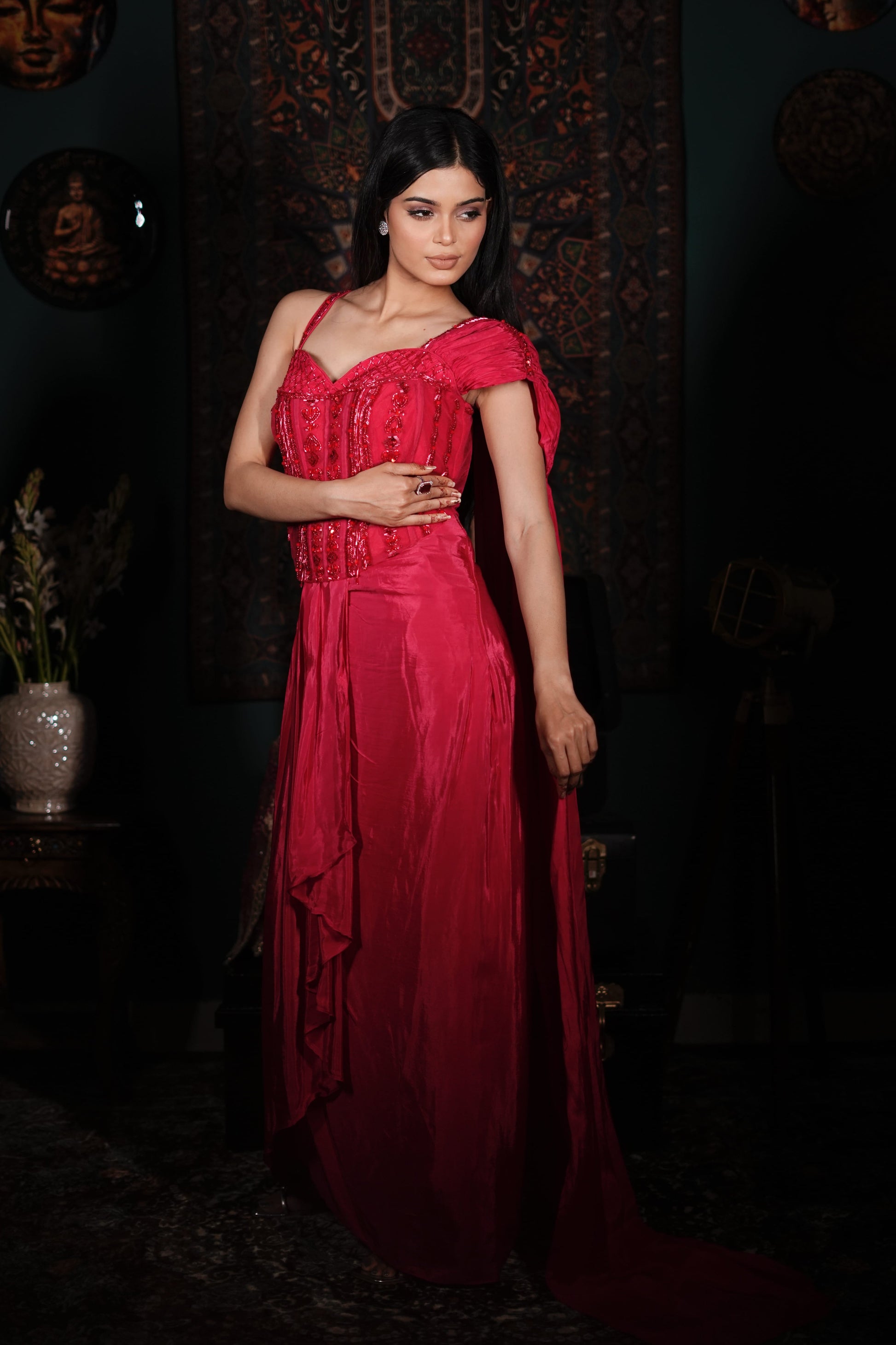 Rani Pink Indo-Western Outfit | Contemporary Ethnic Wear | Handworked Corset Dress | Sangeet & Cocktail Wear | Affordable Designer Fashion