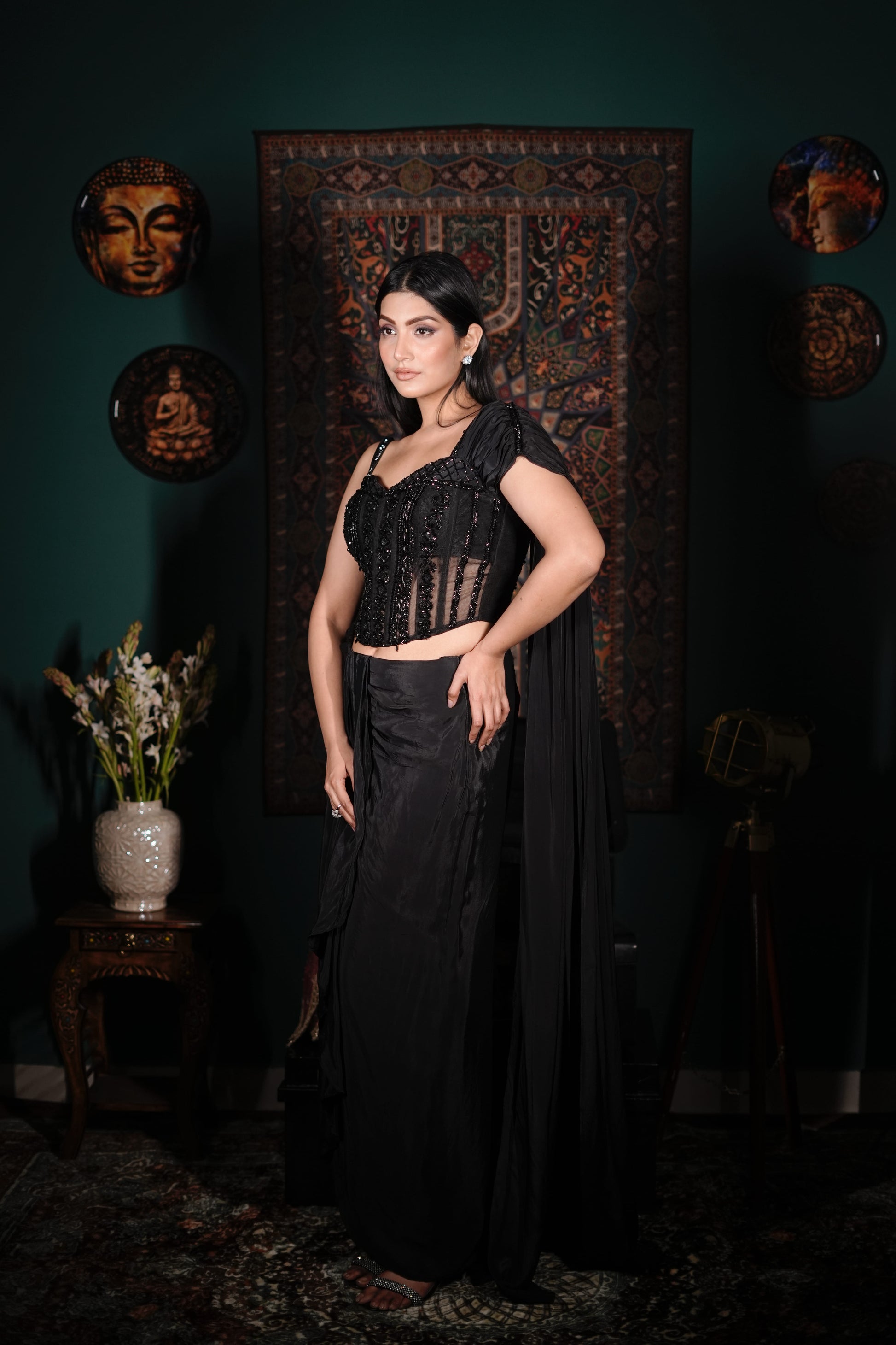 Luxury Black Party Wear | Indo-Western Skirt Set | Modern Indian Couture | Embellished Corset Outfit | Contemporary Glam Look
