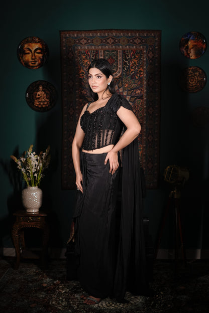 Luxury Black Party Wear | Indo-Western Skirt Set | Modern Indian Couture | Embellished Corset Outfit | Contemporary Glam Look