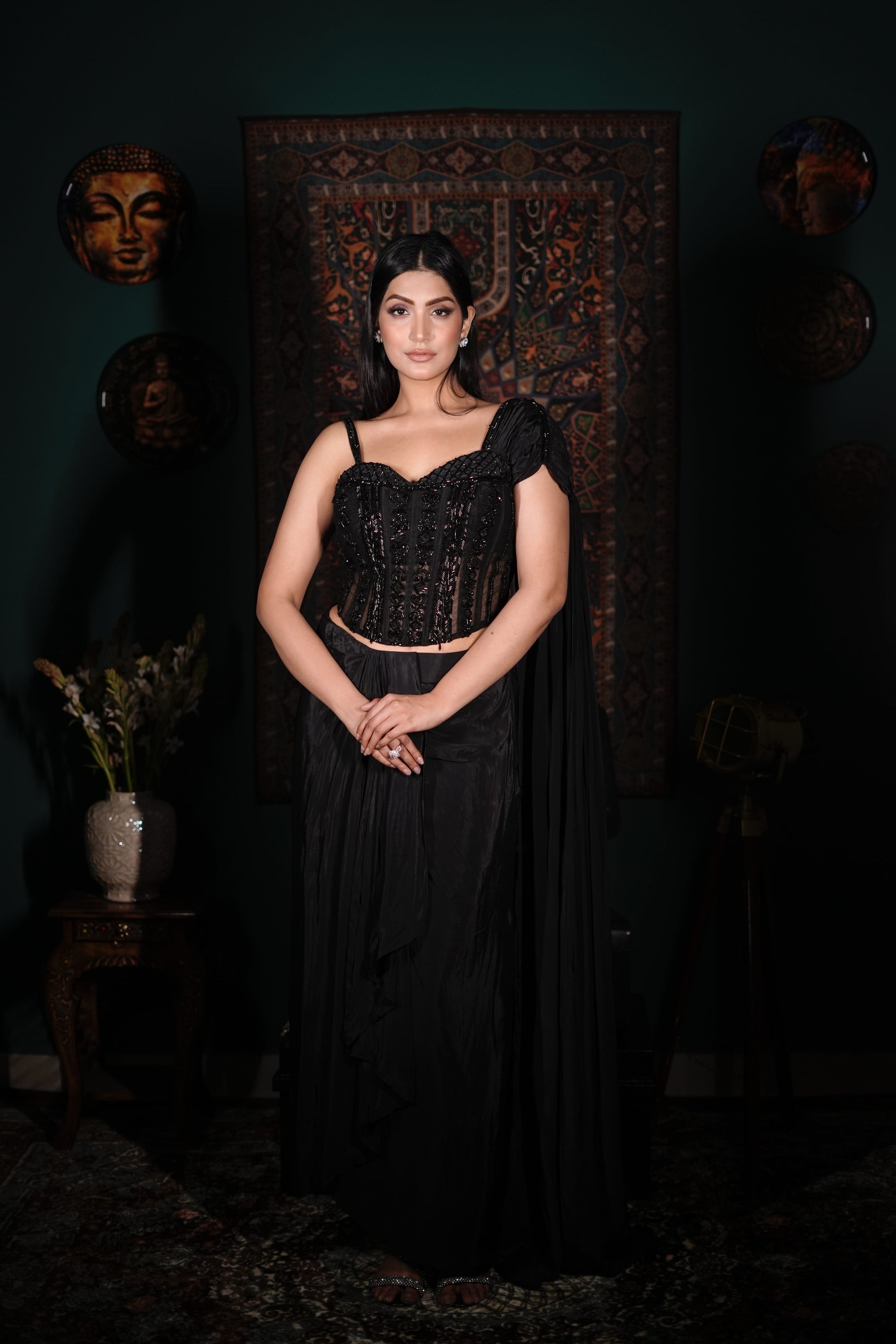 Handworked Black Indo-Western Dress | Chic Ethnic Fusion Wear | Wedding Guest Outfit | Glamorous Evening Wear | Trendy Indian Fashion