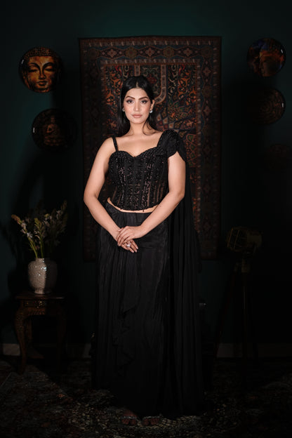 Handworked Black Indo-Western Dress | Chic Ethnic Fusion Wear | Wedding Guest Outfit | Glamorous Evening Wear | Trendy Indian Fashion