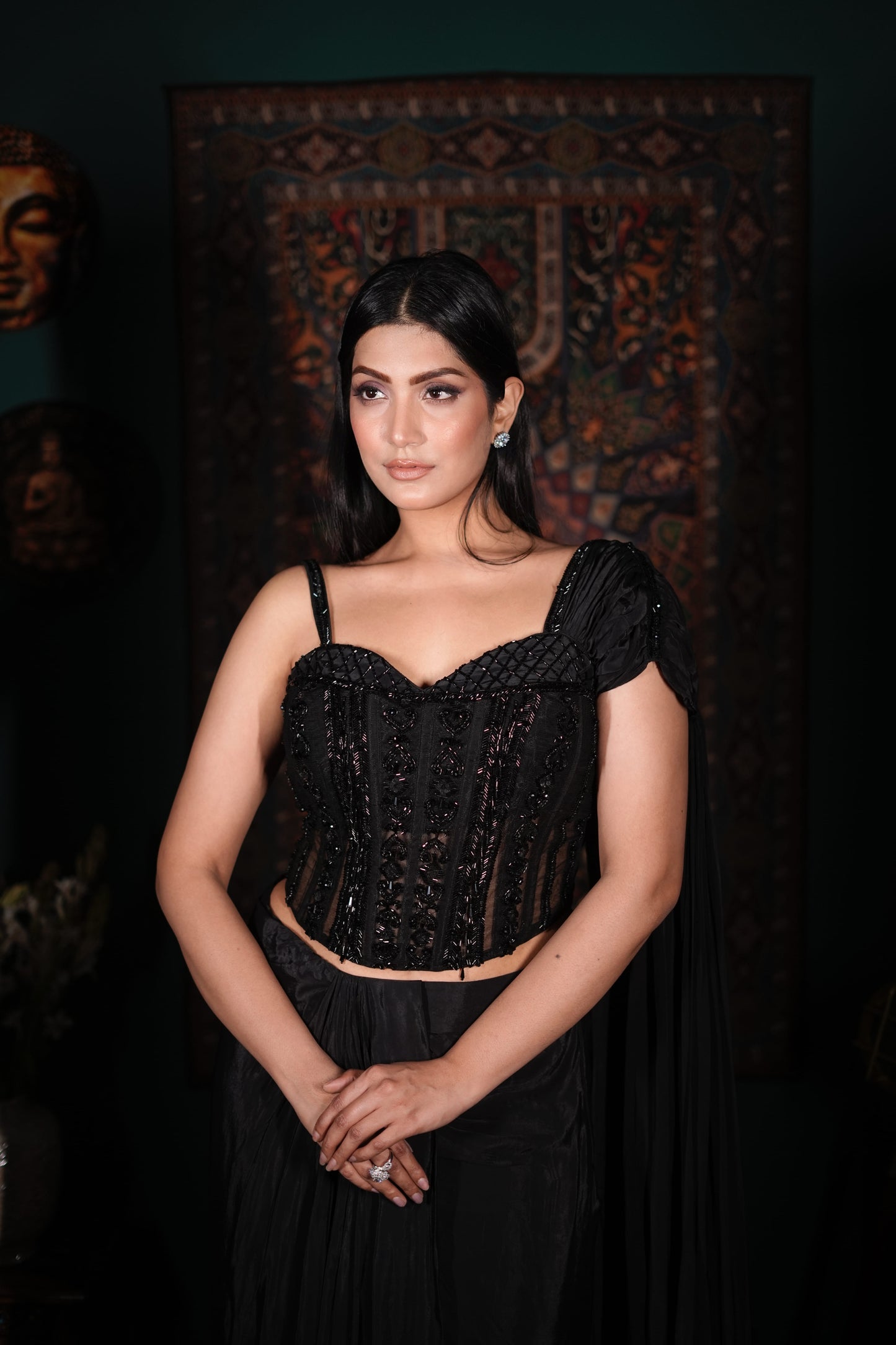 Black Fusion Wear for Women | Contemporary Indo-Western Outfit | Modern Ethnic Fashion | Elegant Party Wear | Designer Corset Set