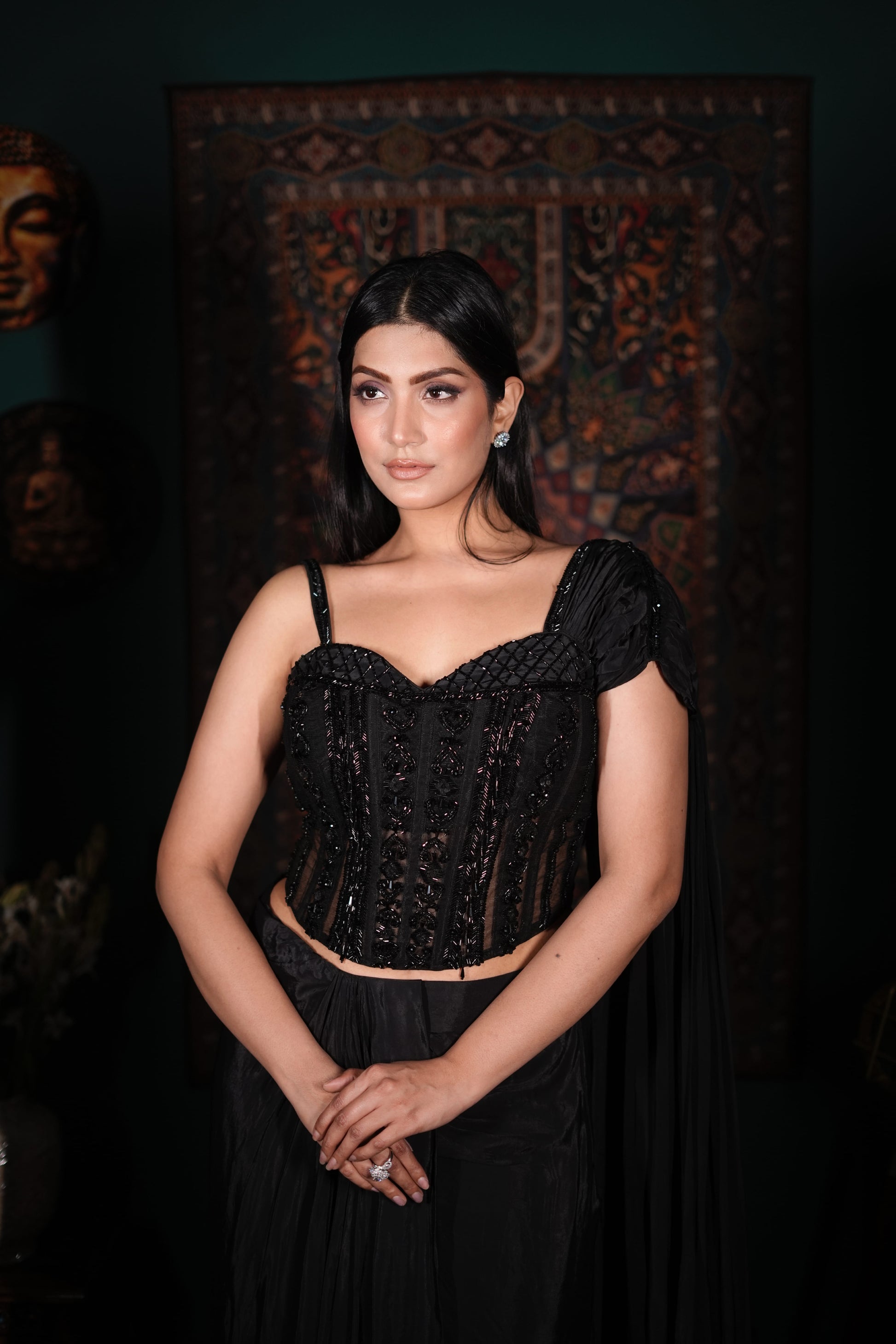 Black Fusion Wear for Women | Contemporary Indo-Western Outfit | Modern Ethnic Fashion | Elegant Party Wear | Designer Corset Set