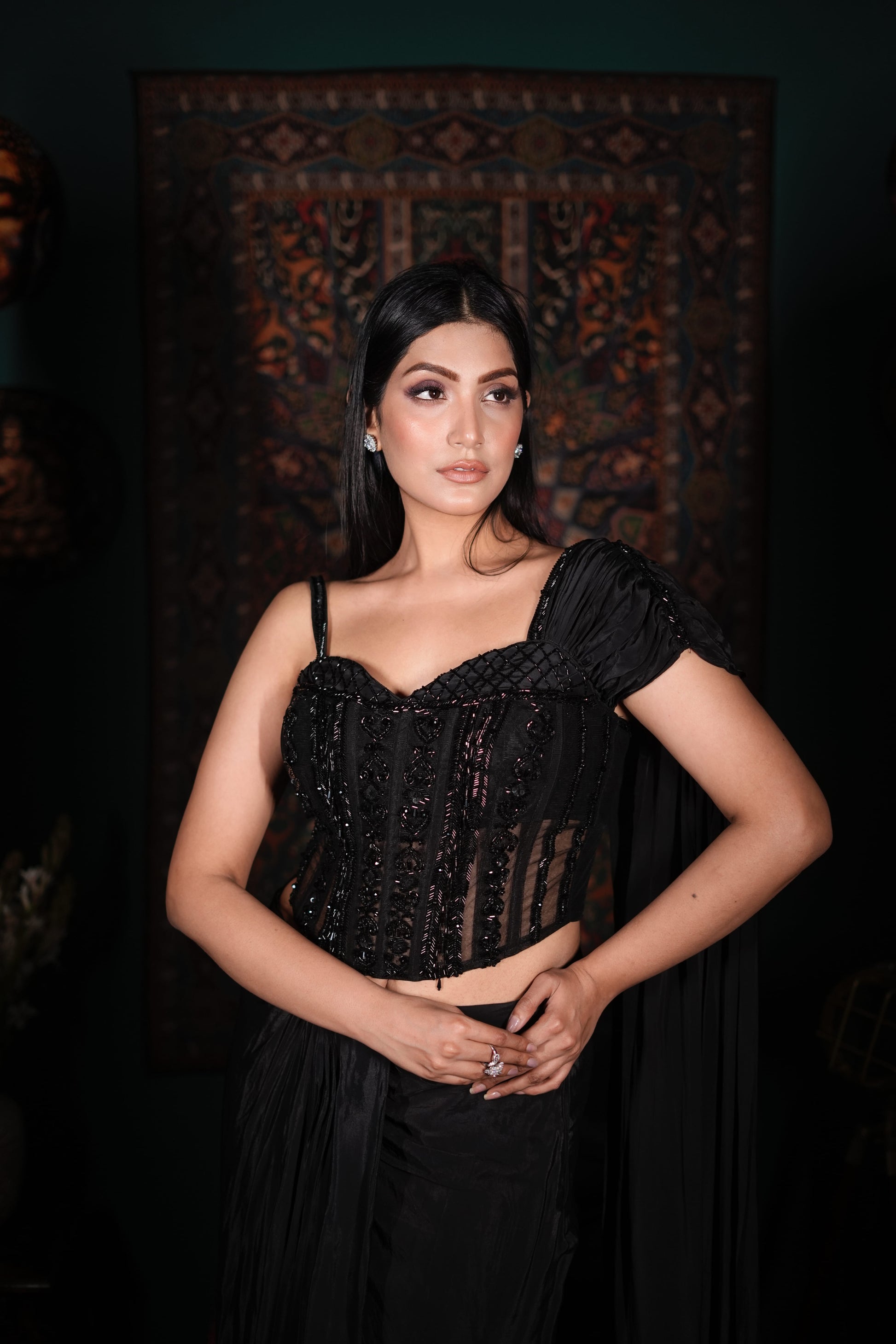 Black Indo-Western Dress | Hand-Embellished Corset Set | Luxury Fusion Wear | Cocktail Party Outfit | Statement Ethnic Glam