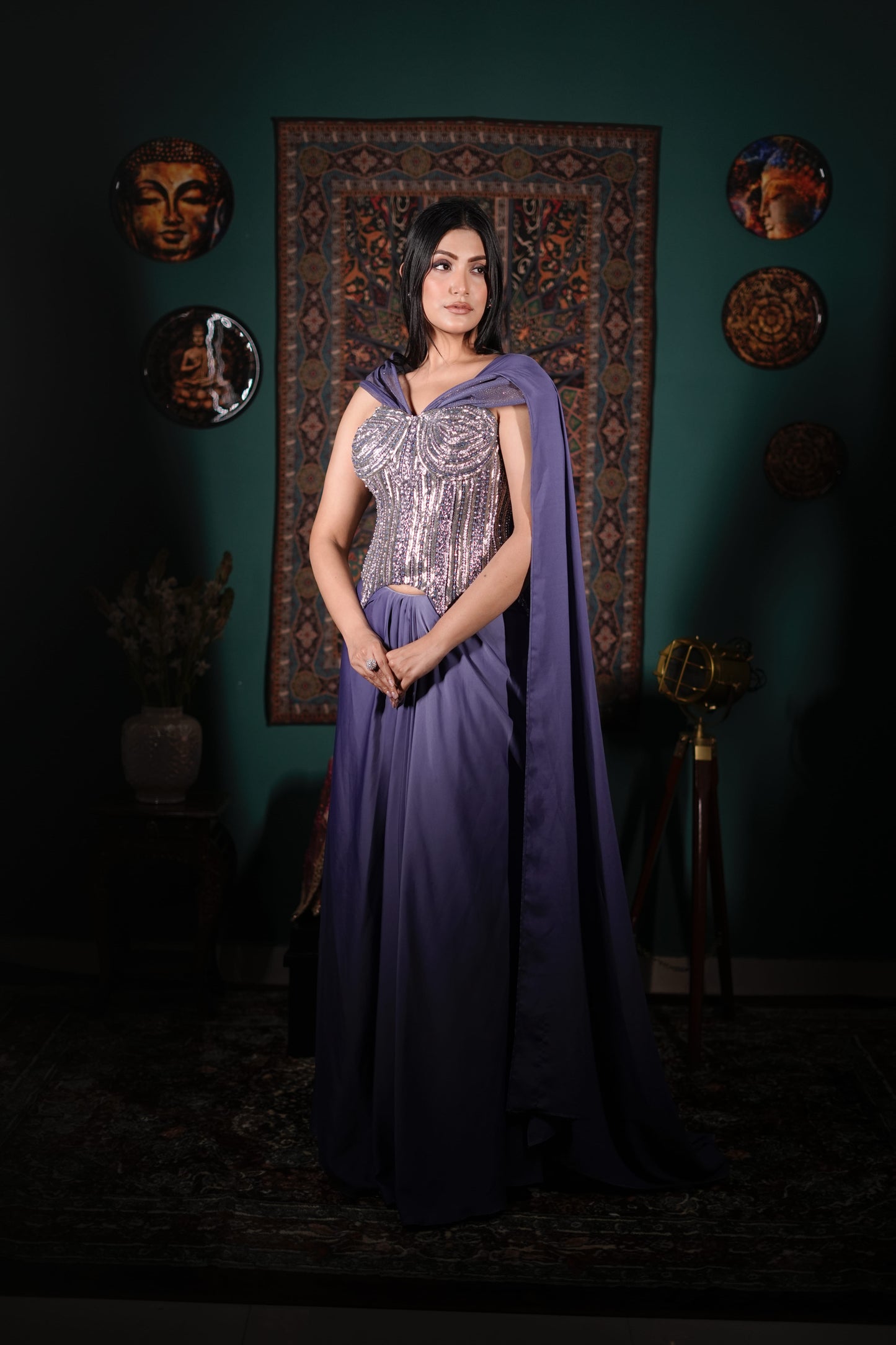 Luxury Lavender Fusion Wear | Handworked Corset Dress | Bold Shoulder Statement Outfit | Indo-Western Glam | Reception Wear India
