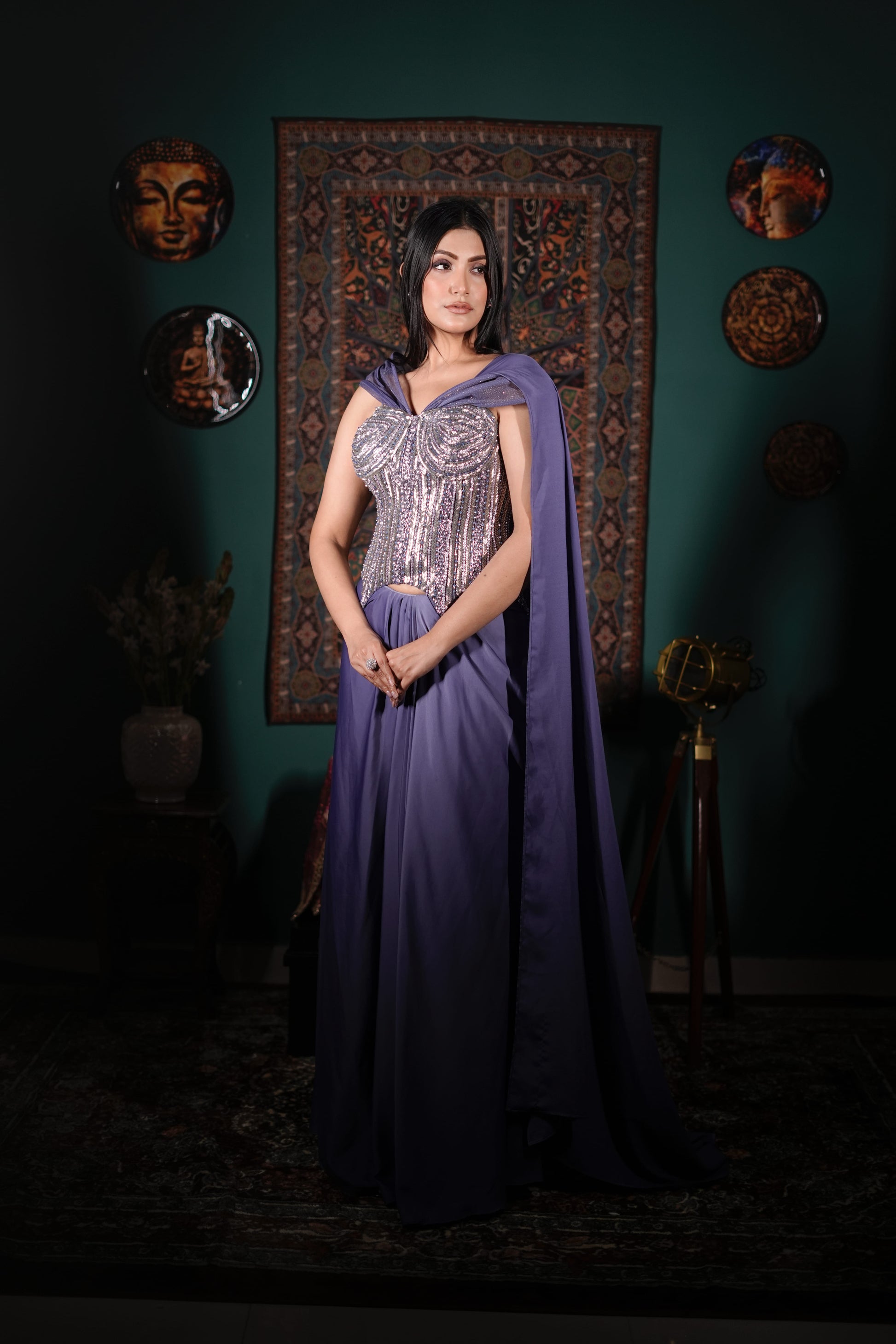 Luxury Lavender Fusion Wear | Handworked Corset Dress | Bold Shoulder Statement Outfit | Indo-Western Glam | Reception Wear India