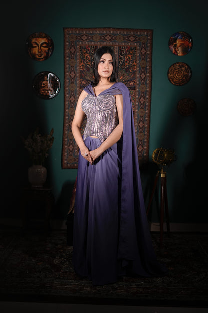 Luxury Lavender Fusion Wear | Handworked Corset Dress | Bold Shoulder Statement Outfit | Indo-Western Glam | Reception Wear India