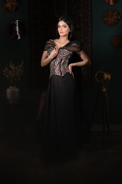 Modern Indo-Western Skirt Set | Black Designer Party Wear | Intricate Silver Handwork | Fashion Forward Ethnic Wear | Elegant Glam Outfit