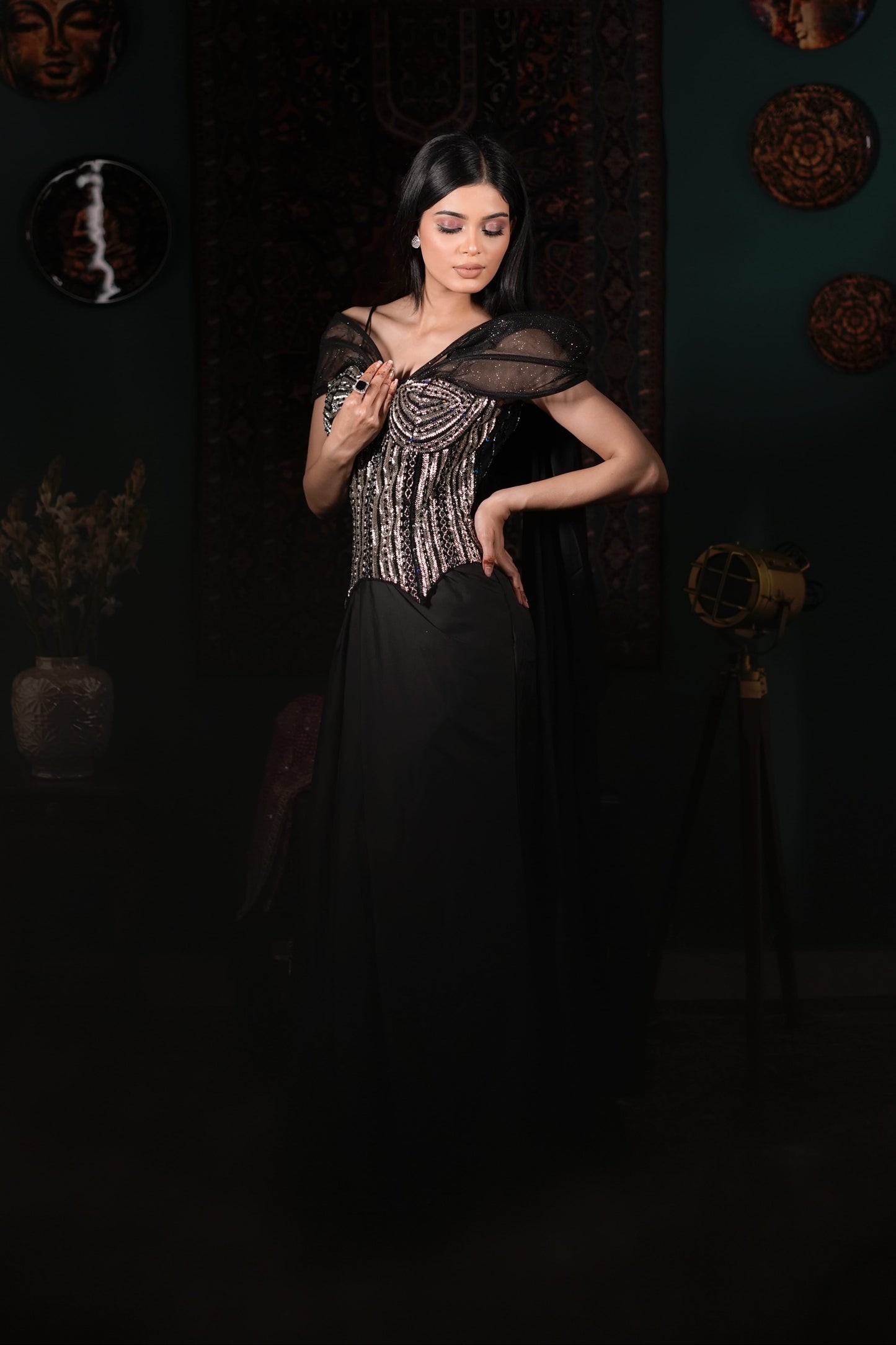 Luxury Black Fusion Wear | Handworked Corset Dress | Bold Shoulder Statement Outfit | Indo-Western Glam | Reception Wear India