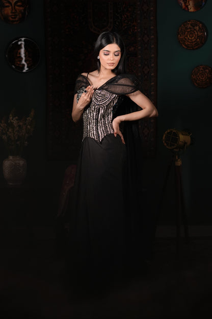 Luxury Black Fusion Wear | Handworked Corset Dress | Bold Shoulder Statement Outfit | Indo-Western Glam | Reception Wear India