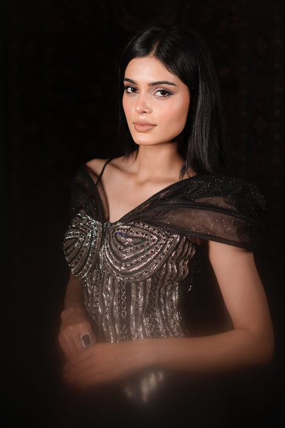 Power Shoulder Indo-Western Outfit | Black Skirt Set for Women | Silver Embellished Party Wear | Chic Fusion Fashion | Wedding Guest Look]