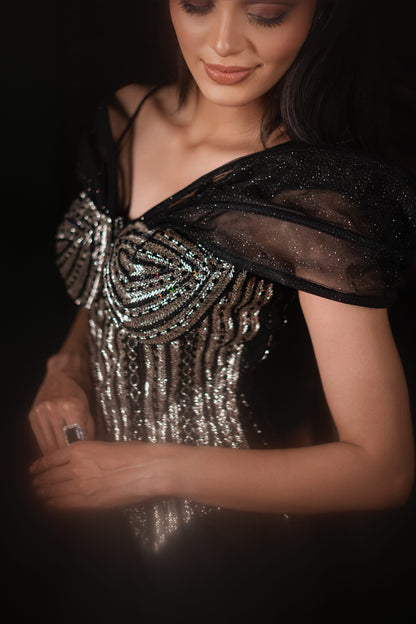 Black Indo-Western Dress | Power Shoulder Corset | Silver Hand Embroidery | Luxury Fusion Wear | Statement Party Outfit