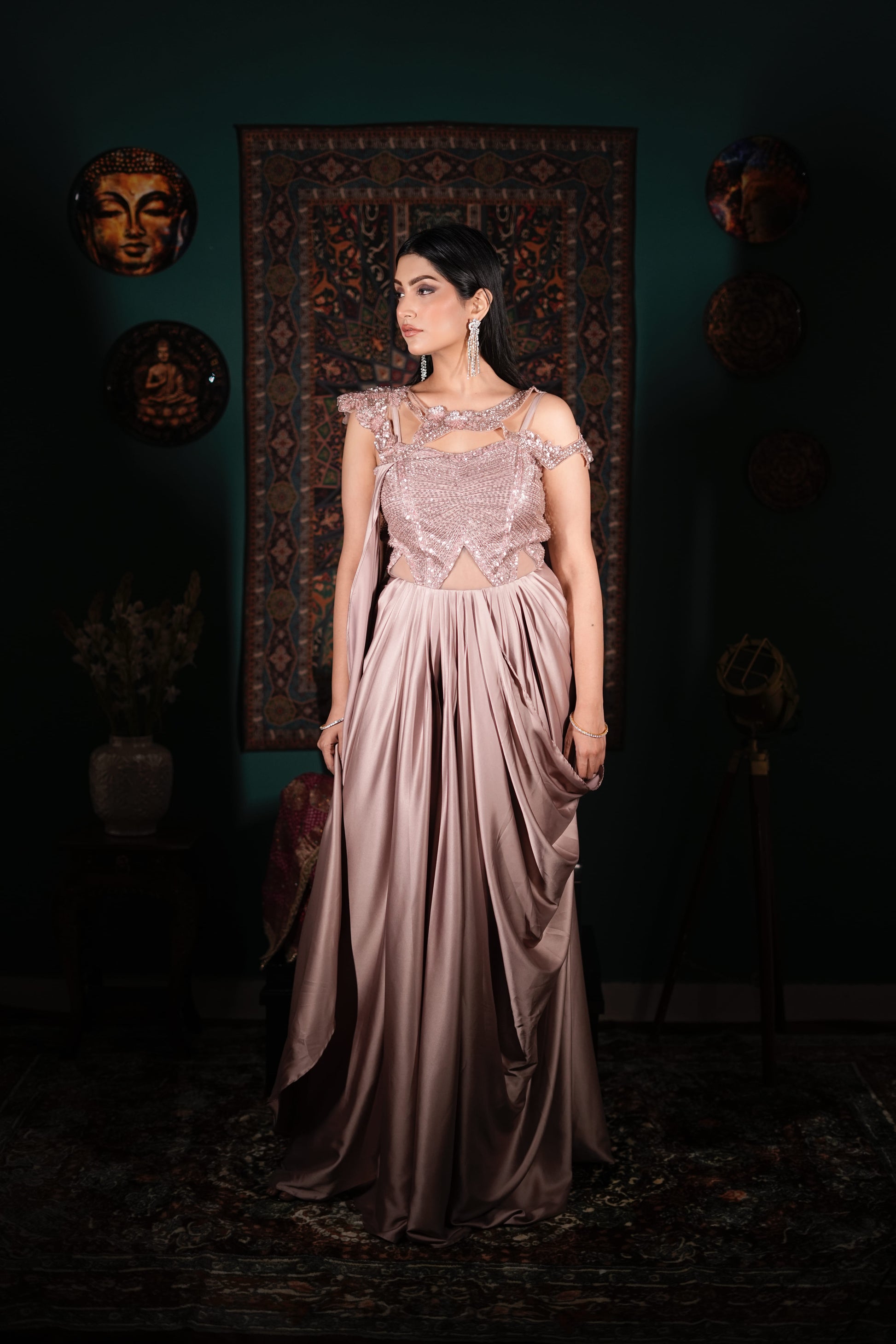 Luxury Indo-Western One Piece | Onion Pink Evening Gown | Modern Ethnic Glam | Fashion Forward Party Wear | Embellished Designer Dress