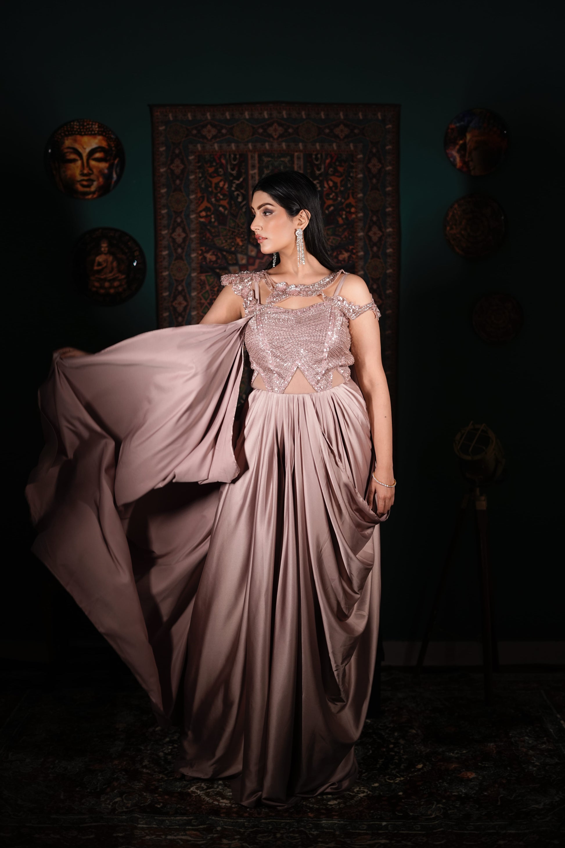 Onion Pink Party Wear Dress | Handworked Fusion Gown | Chic Contemporary Fashion | Reception Wear India | Elegant Designer Outfit