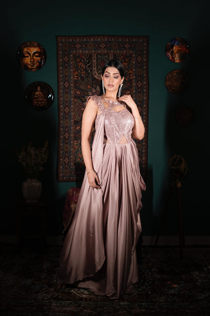 Onion Pink Party Wear Dress | Handworked Fusion Gown | Chic Contemporary Fashion | Reception Wear India | Elegant Designer Outfit