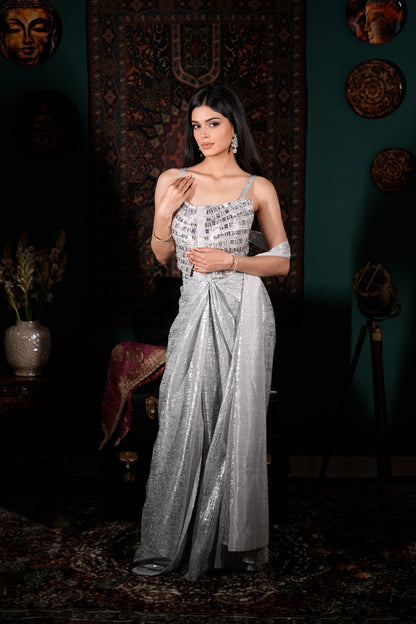 Silver Lycra Saree Set | Fashion Forward Indo-Western | Embellished Party Wear | Contemporary Indian Couture | Elegant Cocktail Ensemble