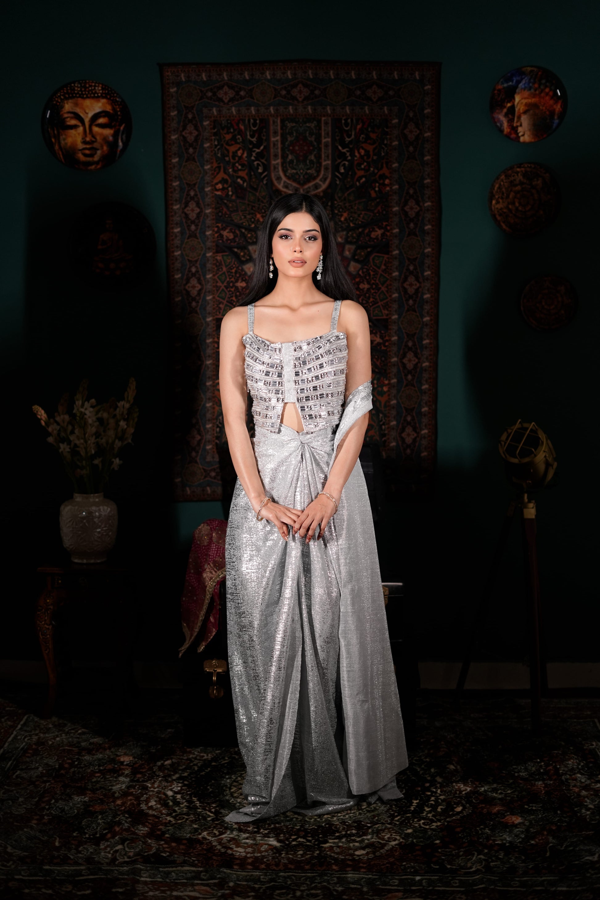 Metallic Saree for Women | Handworked Silver Blouse | Modern Ethnic Glam | Chic Indo-Western Look | Luxury Evening Wear
