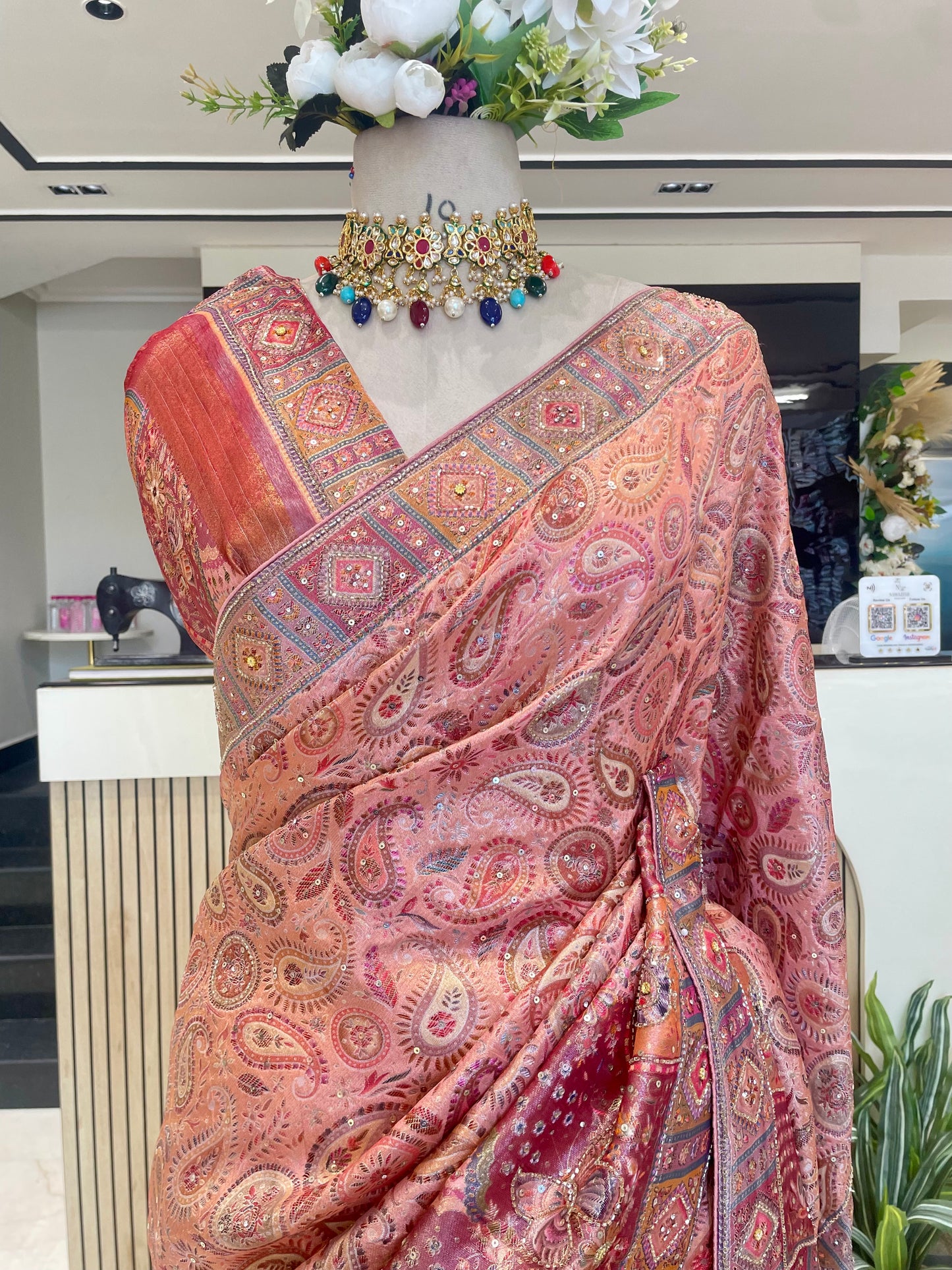 Gajri Pink Tissue Saree with Position Print