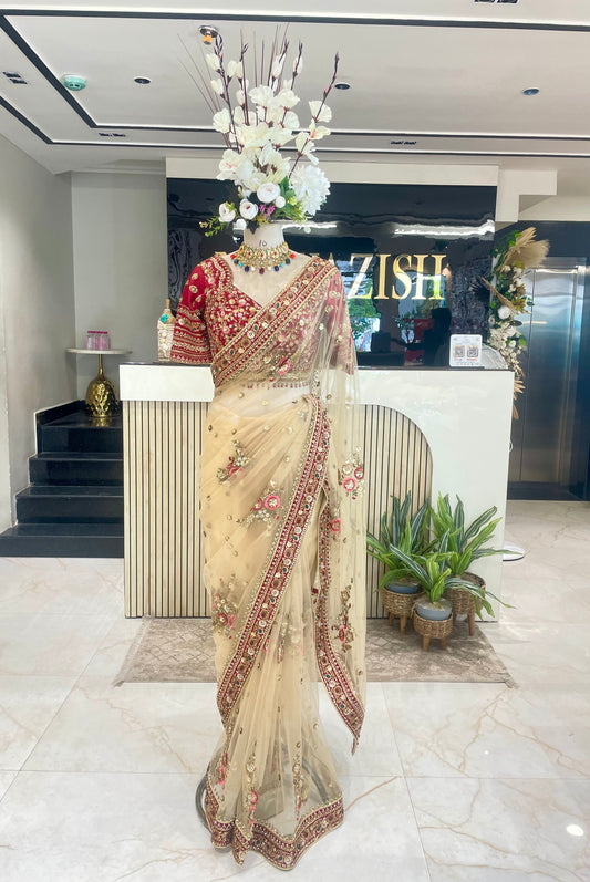 Maroon & Golden Net Saree