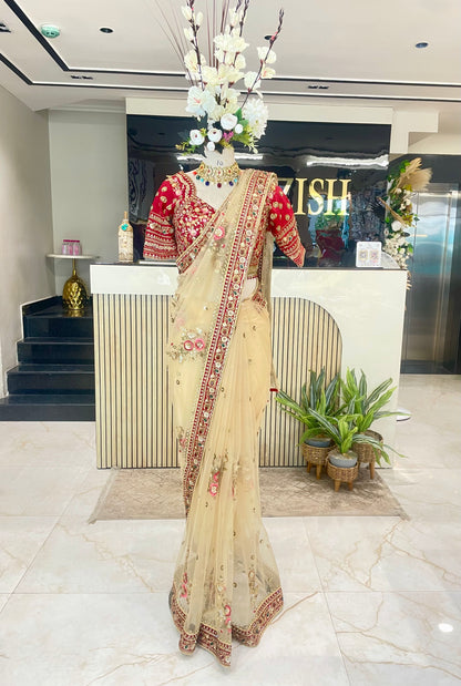 Maroon & Golden Net Saree