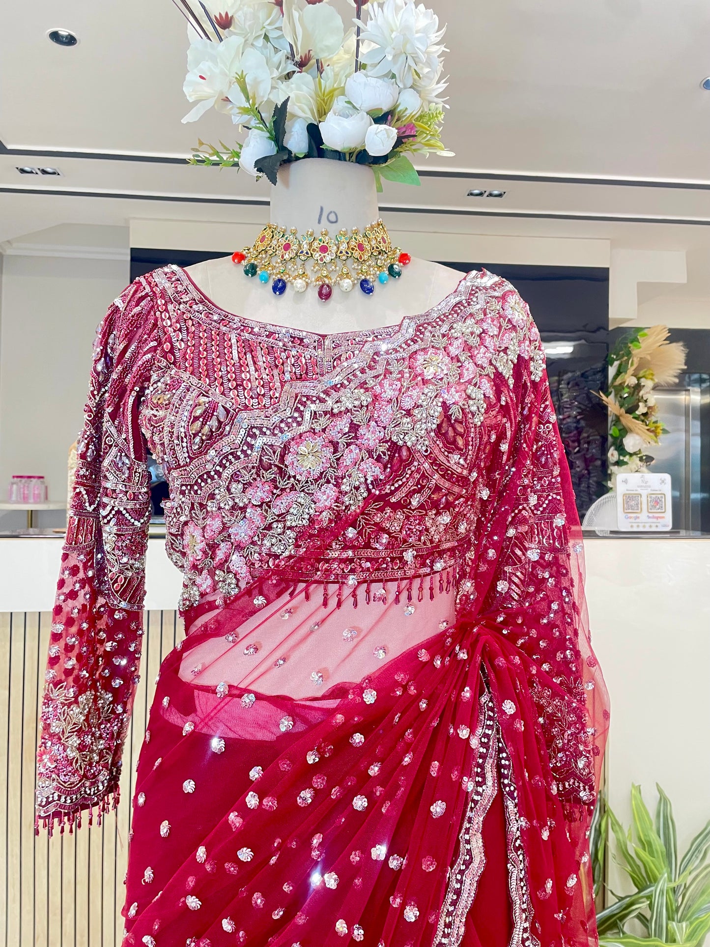 Maroon Net Saree with Sequins & Zarkan Work