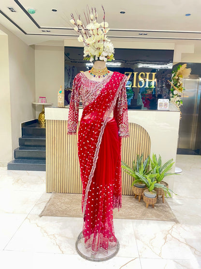 Maroon Net Saree with Sequins & Zarkan Work