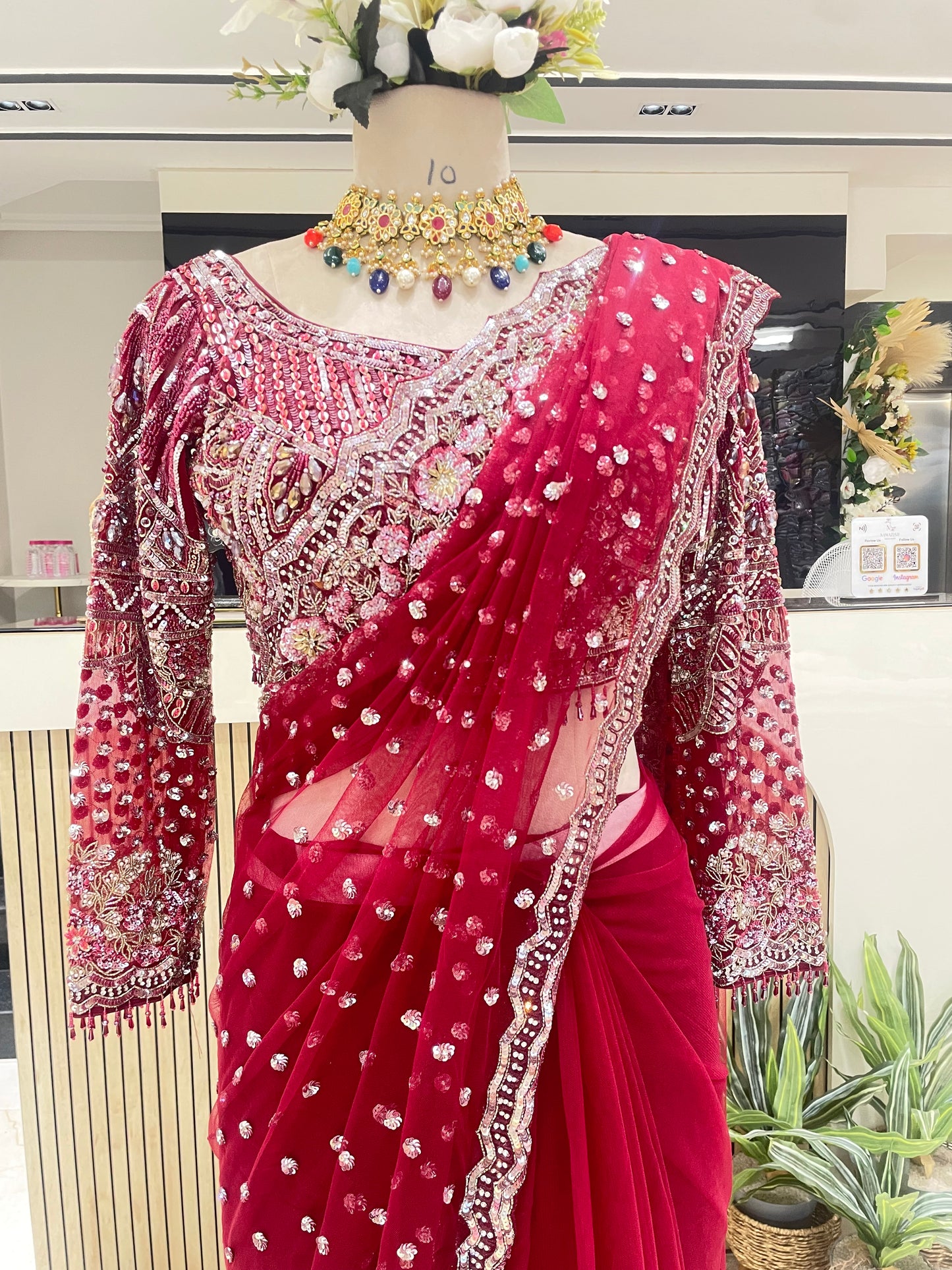 Maroon Net Saree with Sequins & Zarkan Work