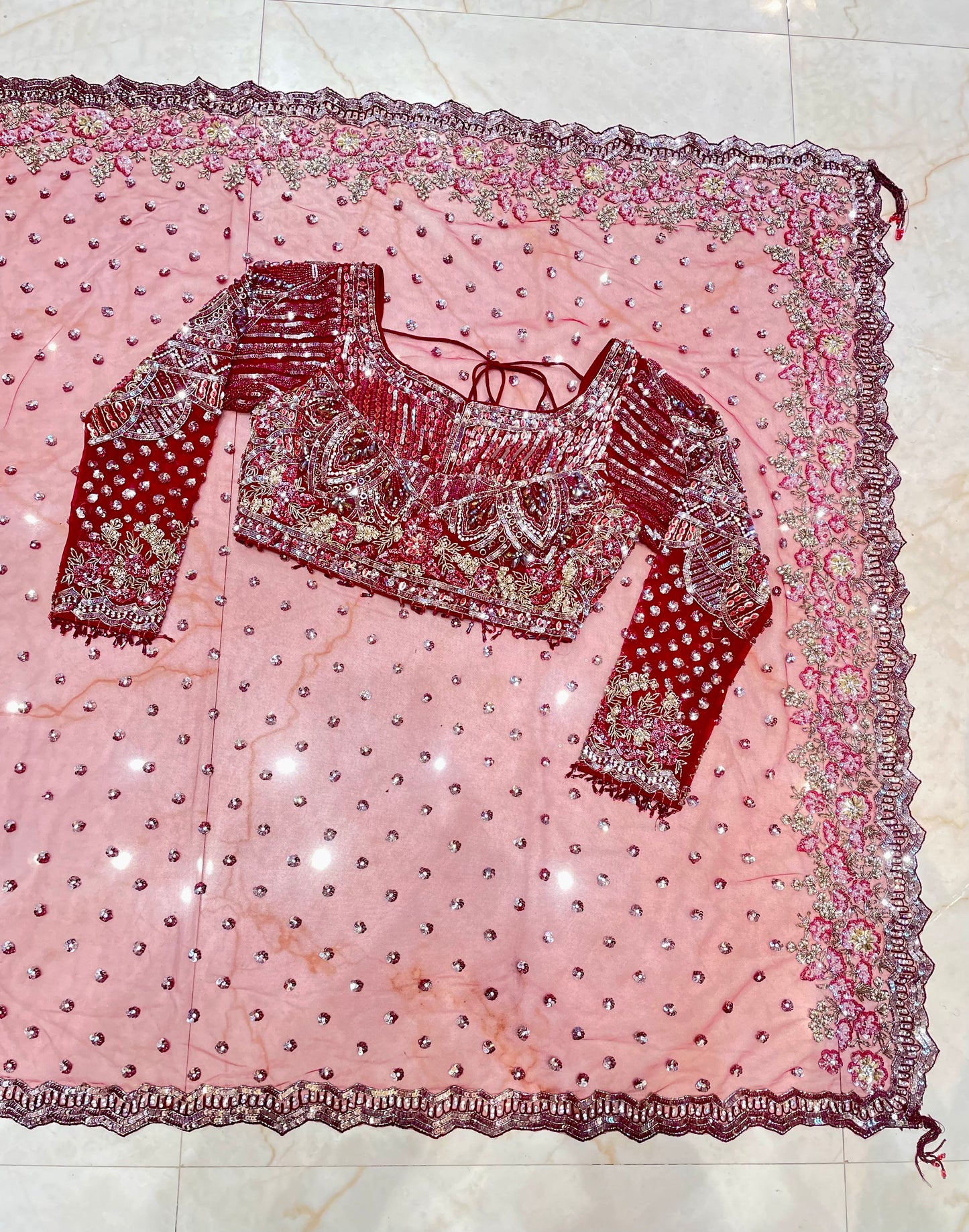 Maroon Net Saree with Sequins & Zarkan Work