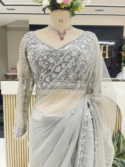 Elegant Grey Net Saree with Sequins Zarkan & Katdana Work