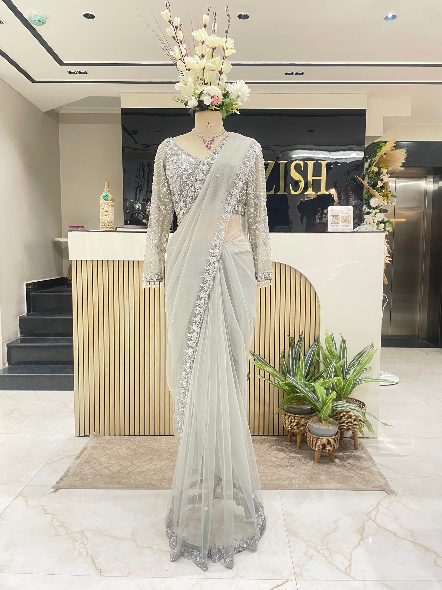 Elegant Grey Net Saree with Sequins Zarkan & Katdana Work