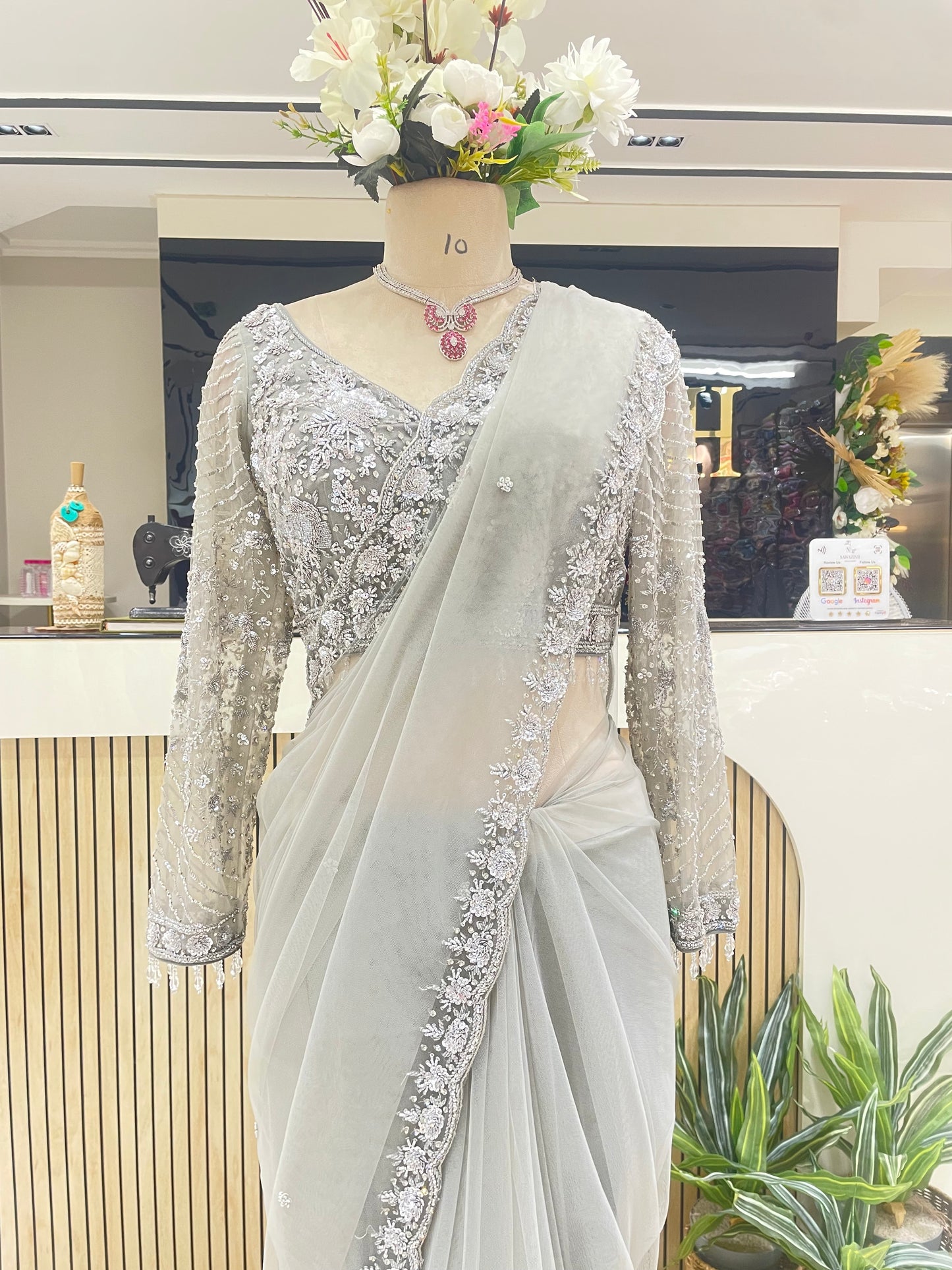 Elegant Grey Net Saree with Sequins Zarkan & Katdana Work
