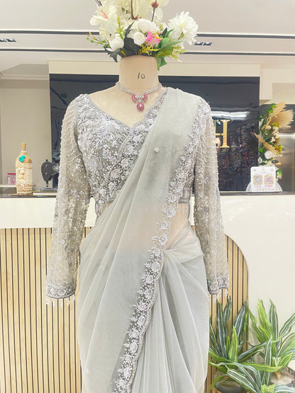 Elegant Grey Net Saree with Sequins Zarkan & Katdana Work