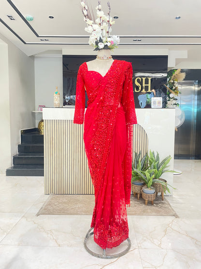 Stunning Red Net Saree with Sequins Zarkan & Katdana Work