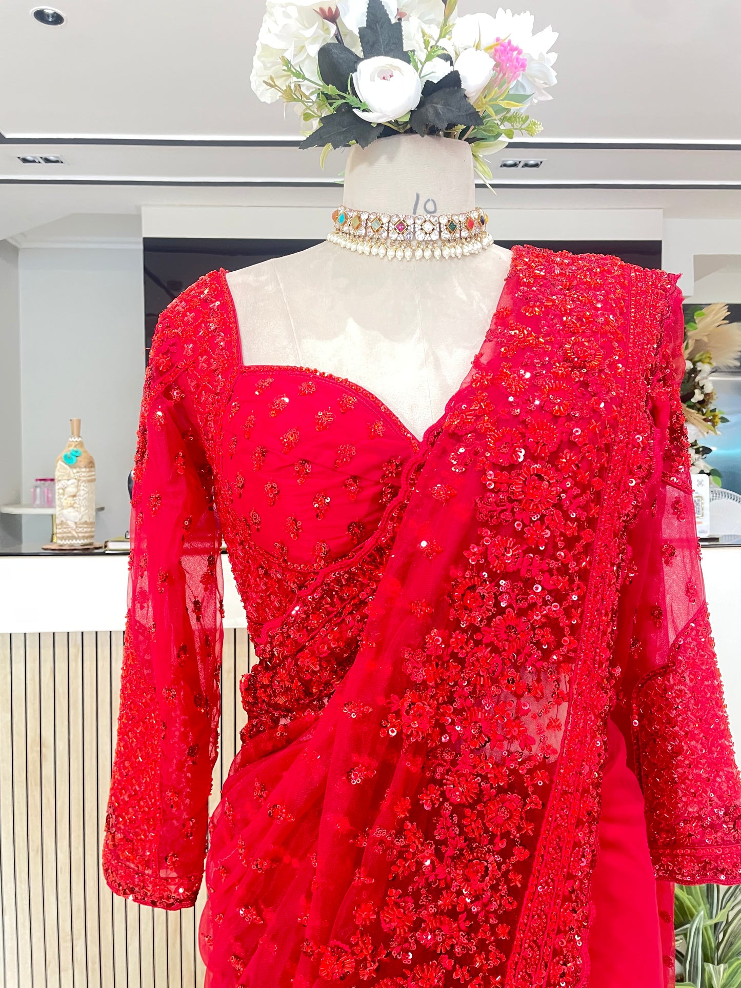 Stunning Red Net Saree with Sequins Zarkan & Katdana Work