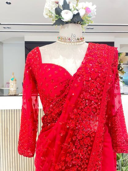 Stunning Red Net Saree with Sequins Zarkan & Katdana Work