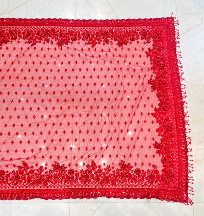 Stunning Red Net Saree with Sequins Zarkan & Katdana Work