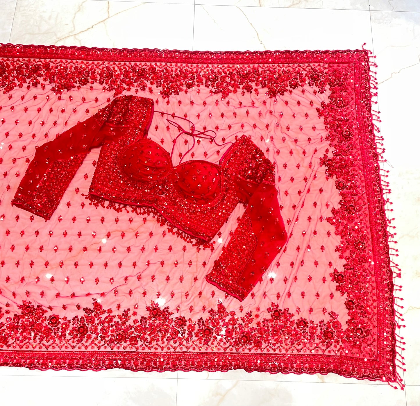 Stunning Red Net Saree with Sequins Zarkan & Katdana Work