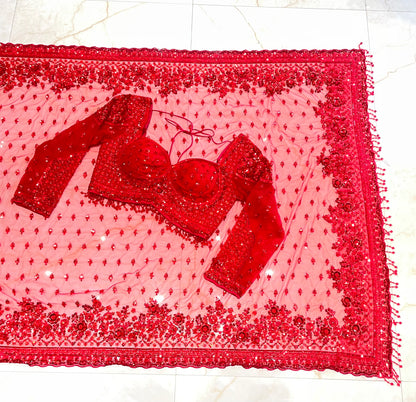Stunning Red Net Saree with Sequins Zarkan & Katdana Work