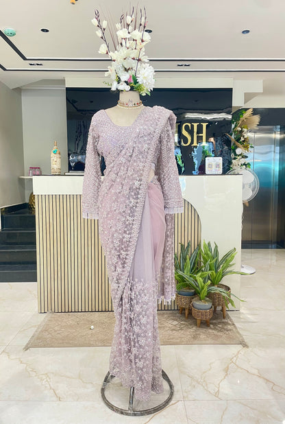 Elegant Lavender Net Saree with Sequins & Katdana Work