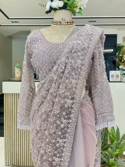 Elegant Lavender Net Saree with Sequins & Katdana Work