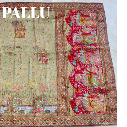 Elegant Pista Green Kashmiri Kanni Work Saree with Katdana Work