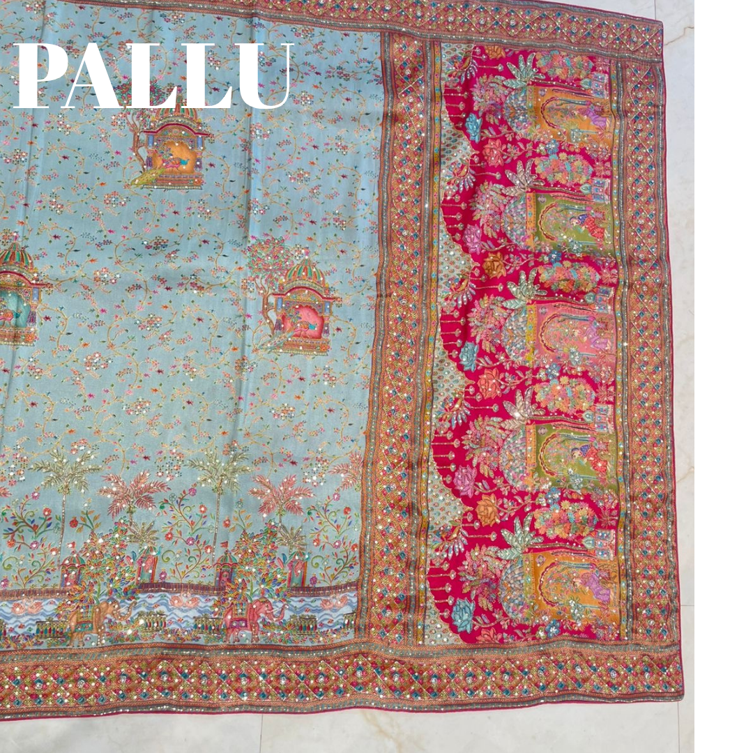 Elegant Sky Blue Kashmiri Kanni Work Saree with Kartdana