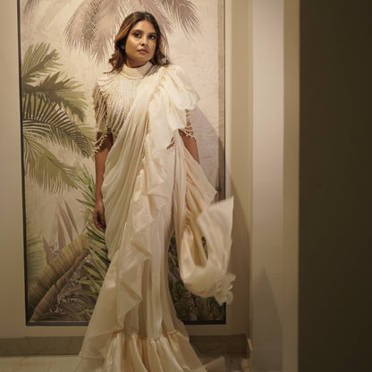 White Goddess Ruffle Drape Saree