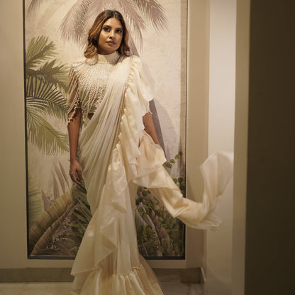 White Goddess Ruffle Drape Saree