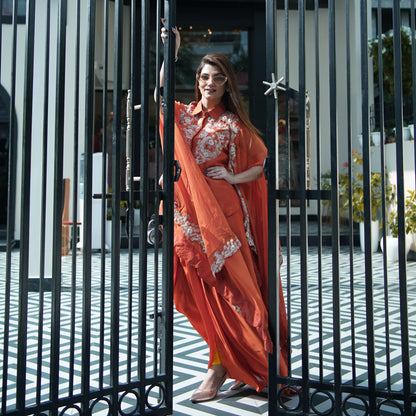Tara-Banafsha – Hand Embellished Tangerine Cape Set