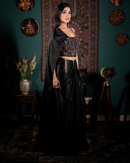 Trending Indo western dress 2026, Celebrity inspired fusion wear, Attached dupatta blouse, Statement black outfit, Luxury festive fashion
