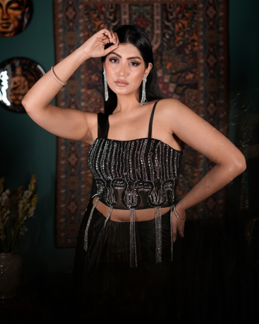 Best Indo western fit for women, Black drape outfit, Contemporary ethnic fashion, Glamorous cocktail outfit, Premium partywear India