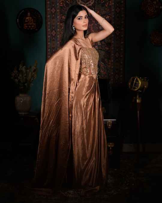 [Best Indo western fit for women, Gold drape outfit, Contemporary ethnic fashion, Glamorous cocktail outfit, Premium partywear India]